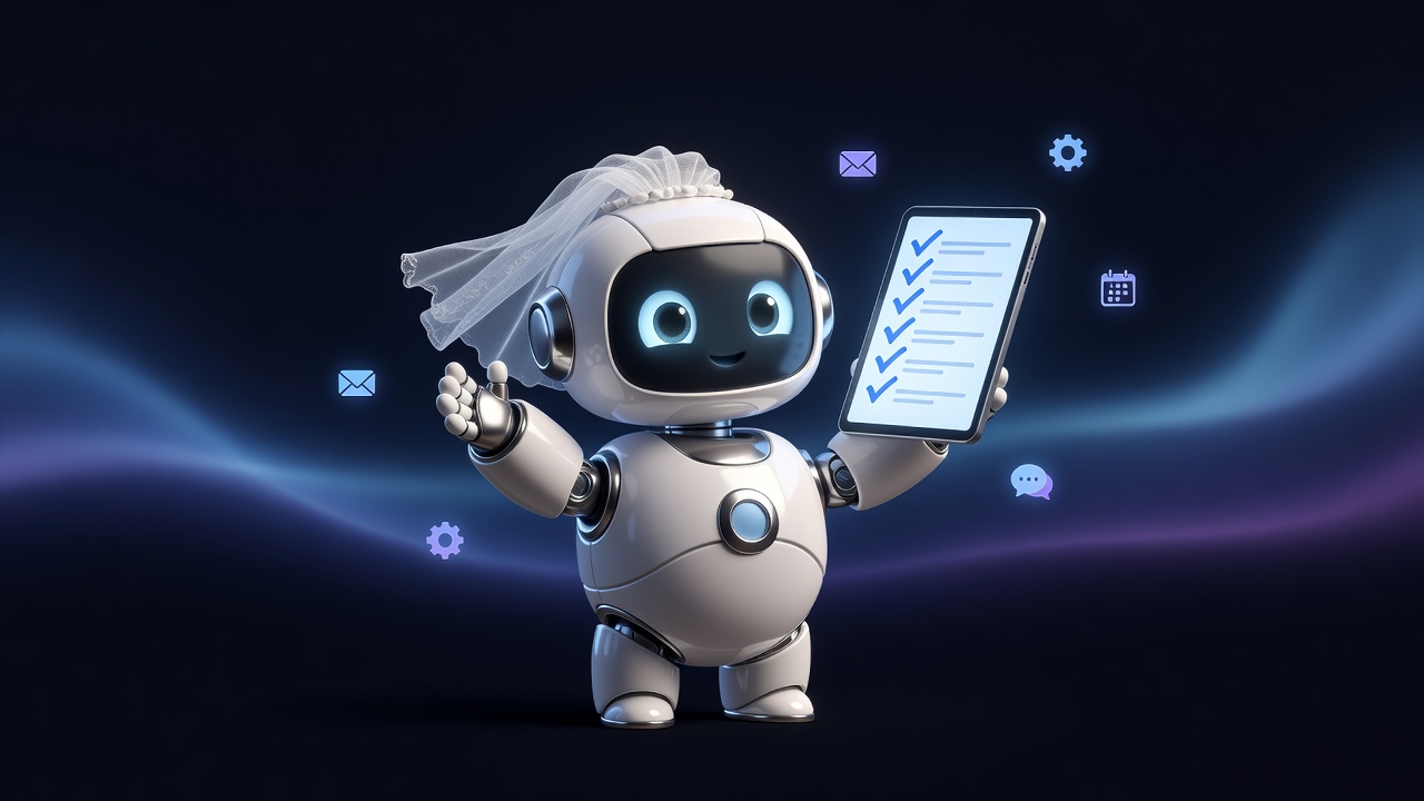 A friendly robot wearing a bridal veil, holding a completed checklist